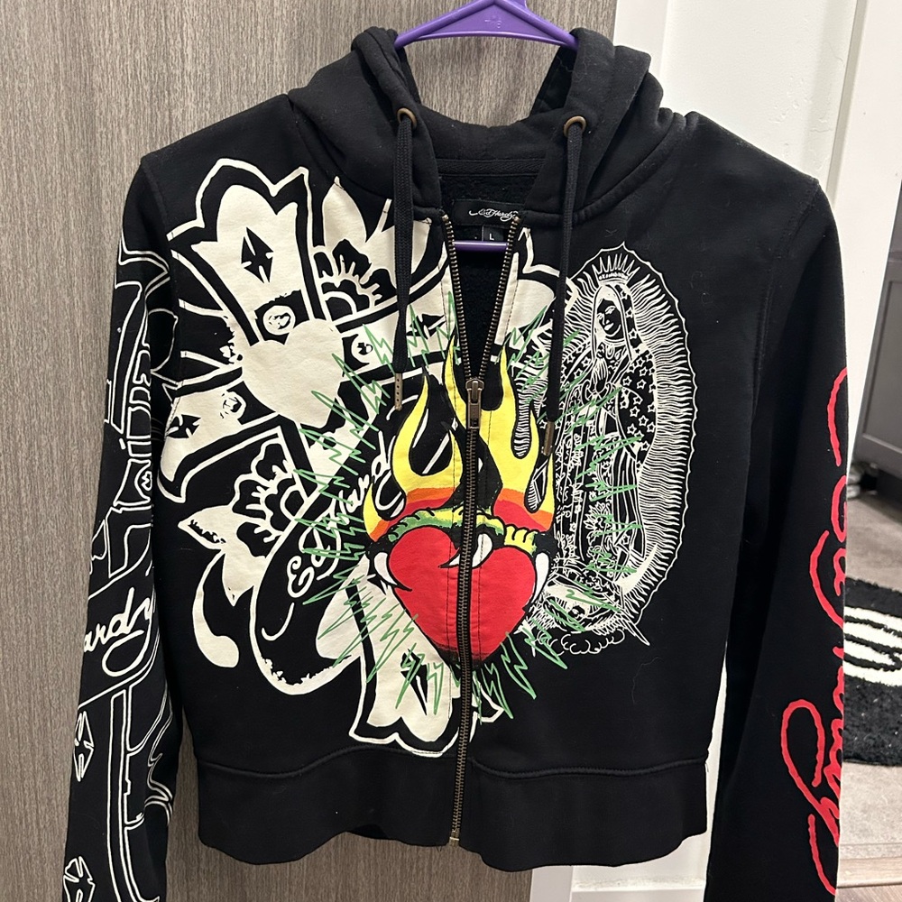 Black Ed Hardy Hoodie with Heart and Virgin Mary Design